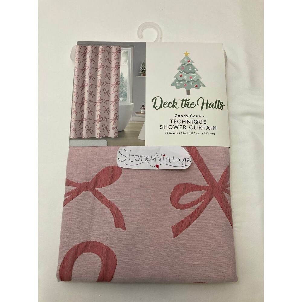 Pink candy cane with pink bow christmas shower curtain